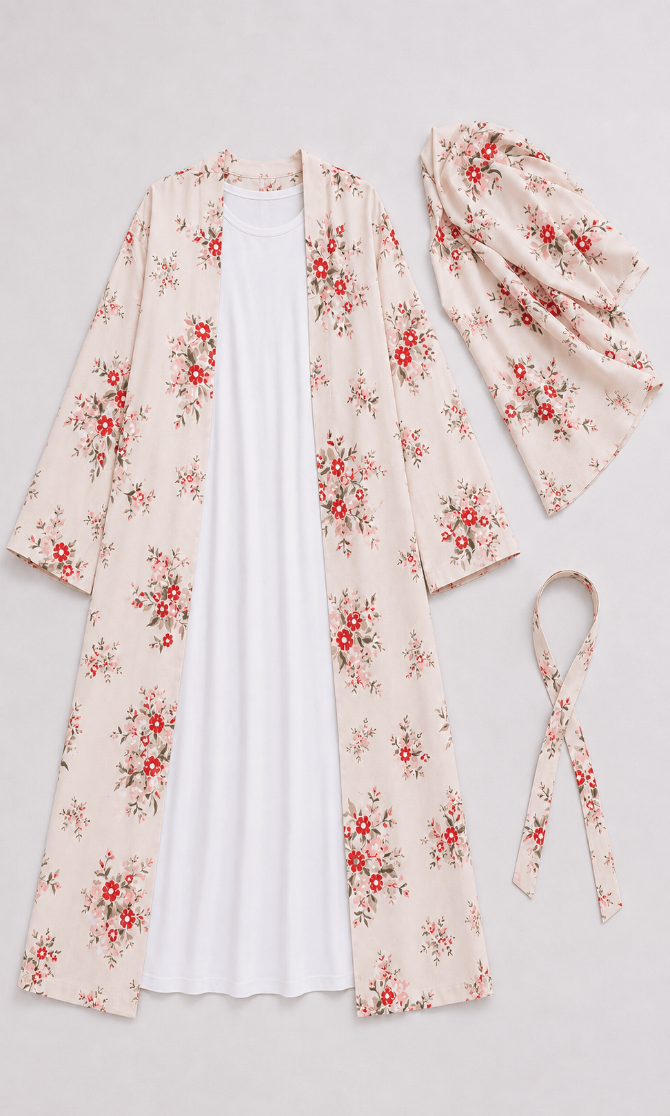 Jolie Nisa Open ABaya Blush Ivory Floral Open Kimono Abaya Set – 4 Piece Blush Ivory Floral Kimono Abaya Set – 4 Piece