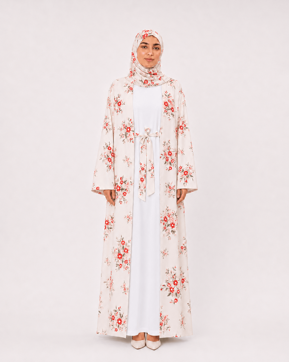 Jolie Nisa Open ABaya Blush Ivory Floral Open Kimono Abaya Set – 4 Piece Blush Ivory Floral Kimono Abaya Set – 4 Piece