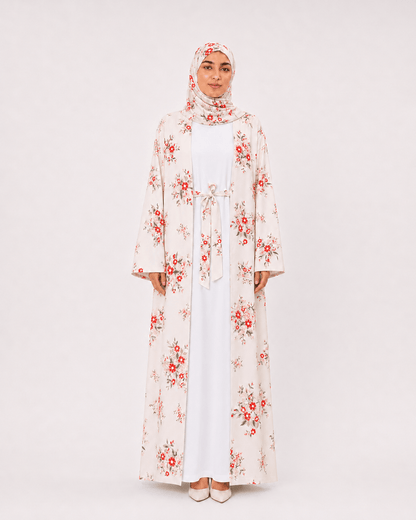 Jolie Nisa Open ABaya Blush Ivory Floral Open Kimono Abaya Set – 4 Piece Blush Ivory Floral Kimono Abaya Set – 4 Piece