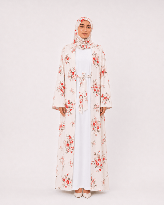 Jolie Nisa Open ABaya Blush Ivory Floral Open Kimono Abaya Set – 4 Piece Blush Ivory Floral Kimono Abaya Set – 4 Piece