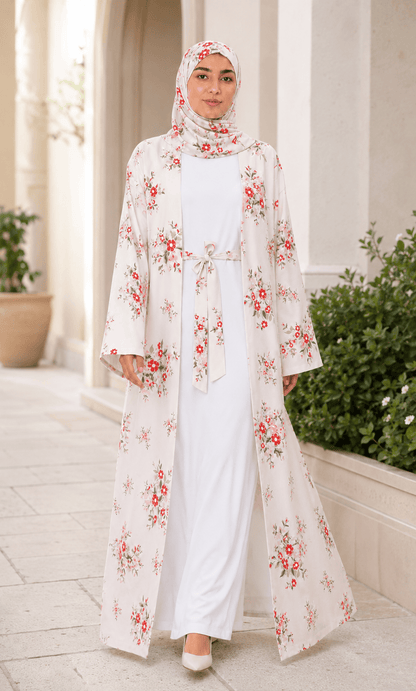 Jolie Nisa Open ABaya Blush Ivory Floral Open Kimono Abaya Set – 4 Piece Blush Ivory Floral Kimono Abaya Set – 4 Piece