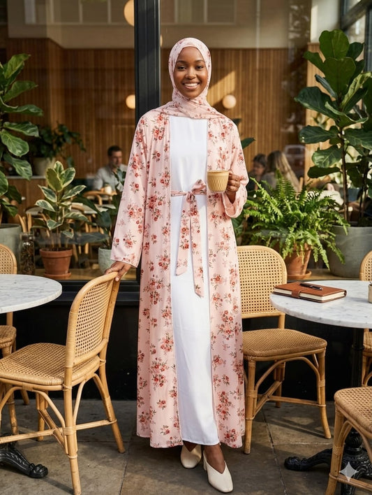 Jolie Nisa Open ABaya 52 Blush Pink Floral 4-Piece Abaya Kimono Set | Jolie Nisa Blush Pink Floral Abaya Set with Hijab & Belt | Jolie Nisa