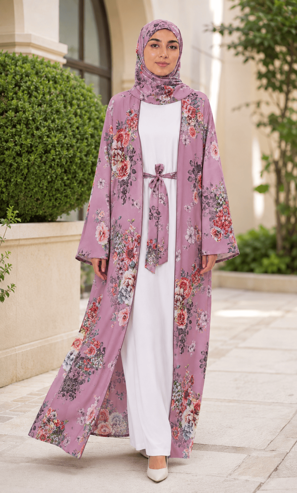 Jolie Nisa Open ABaya Dusty Mauve Floral Open Kimono Abaya Set – 4 Piece Dusty Mauve Floral Kimono Abaya Set – 4 Piece | Jolie Nisa