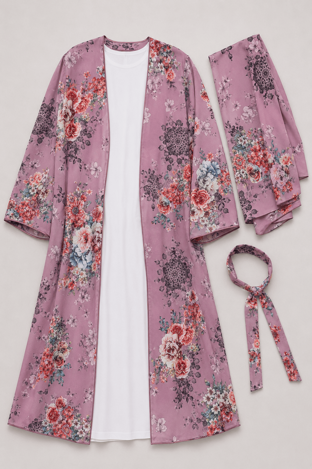Jolie Nisa Open ABaya Dusty Mauve Floral Open Kimono Abaya Set – 4 Piece Dusty Mauve Floral Kimono Abaya Set – 4 Piece | Jolie Nisa