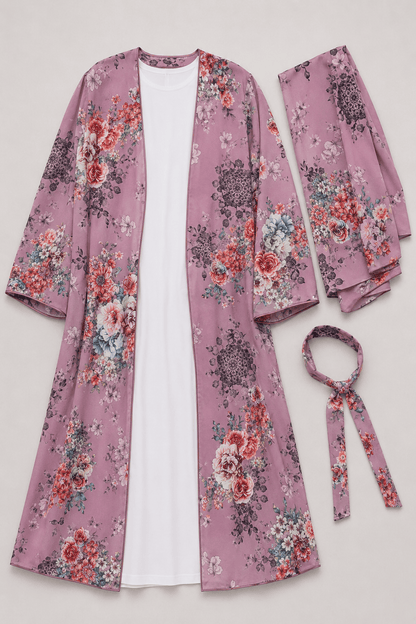 Jolie Nisa Open ABaya Dusty Mauve Floral Open Kimono Abaya Set – 4 Piece Dusty Mauve Floral Kimono Abaya Set – 4 Piece | Jolie Nisa