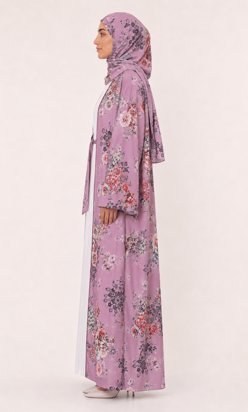 Jolie Nisa Open ABaya Dusty Mauve Floral Open Kimono Abaya Set – 4 Piece Dusty Mauve Floral Kimono Abaya Set – 4 Piece | Jolie Nisa