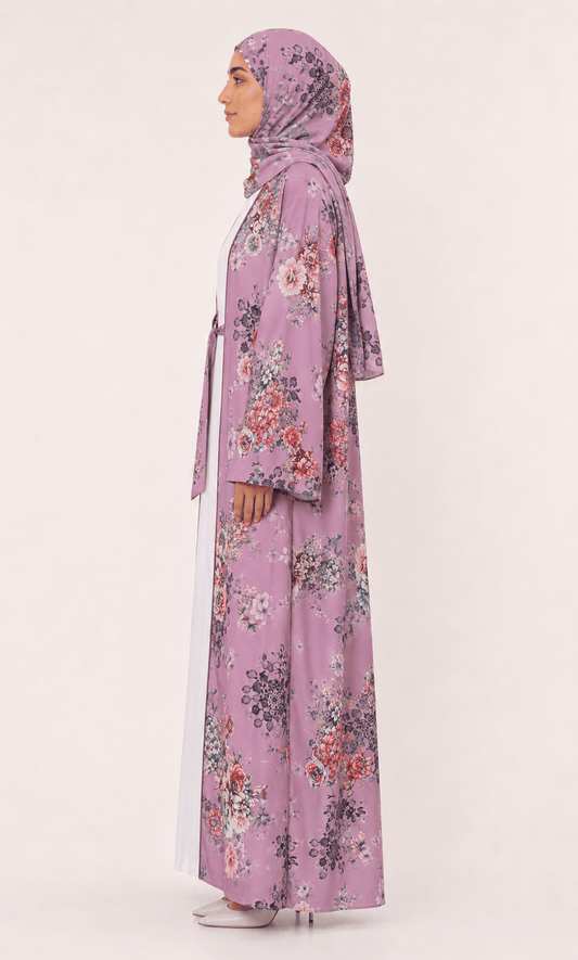 Jolie Nisa Open ABaya Dusty Mauve Floral Open Kimono Abaya Set – 4 Piece Dusty Mauve Floral Kimono Abaya Set – 4 Piece | Jolie Nisa