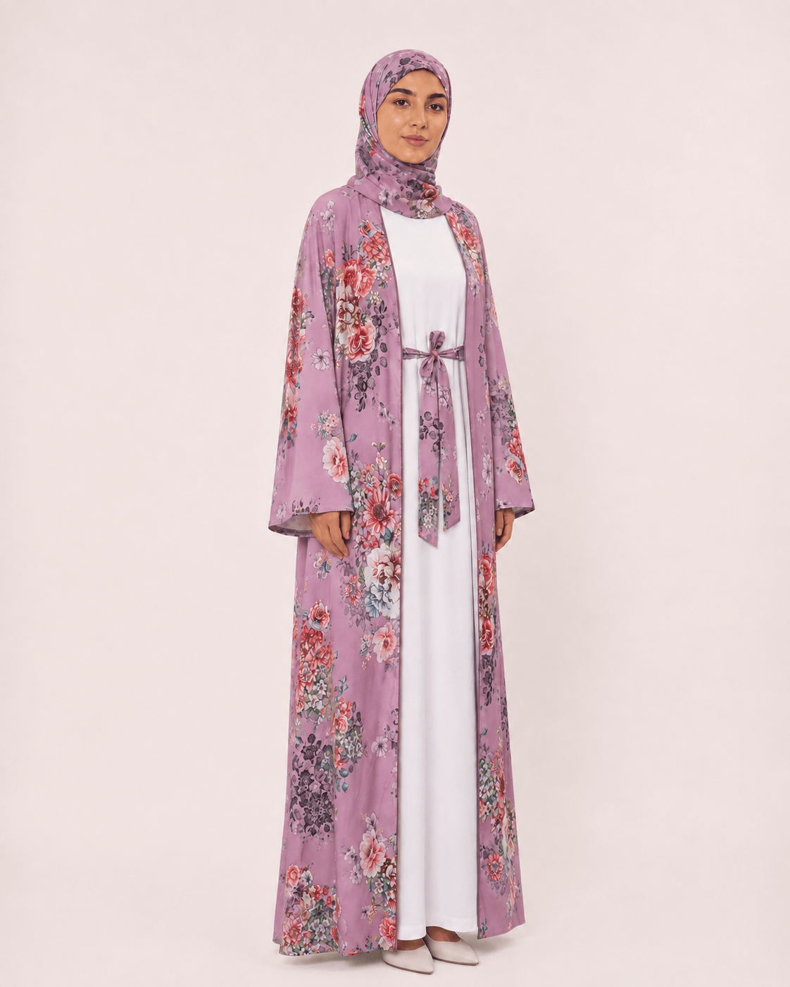 Jolie Nisa Open ABaya Dusty Mauve Floral Open Kimono Abaya Set – 4 Piece Dusty Mauve Floral Kimono Abaya Set – 4 Piece | Jolie Nisa