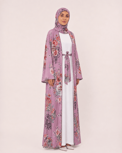 Jolie Nisa Open ABaya Dusty Mauve Floral Open Kimono Abaya Set – 4 Piece Dusty Mauve Floral Kimono Abaya Set – 4 Piece | Jolie Nisa