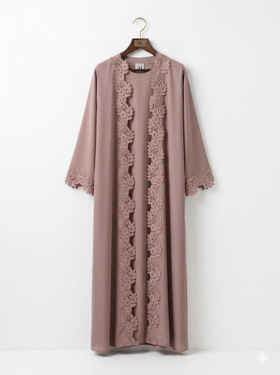 Jolie Nisa Open ABaya Open Abaya with Dantelle Lace Set | Dusty Rose | Jolie Nisa Dusty Rose Open Abaya Set with Lace | Jolie Nisa Montreal