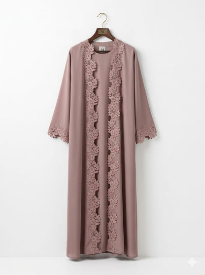 Jolie Nisa Open ABaya Open Abaya with Dantelle Lace Set | Dusty Rose | Jolie Nisa Dusty Rose Open Abaya Set with Lace | Jolie Nisa Montreal