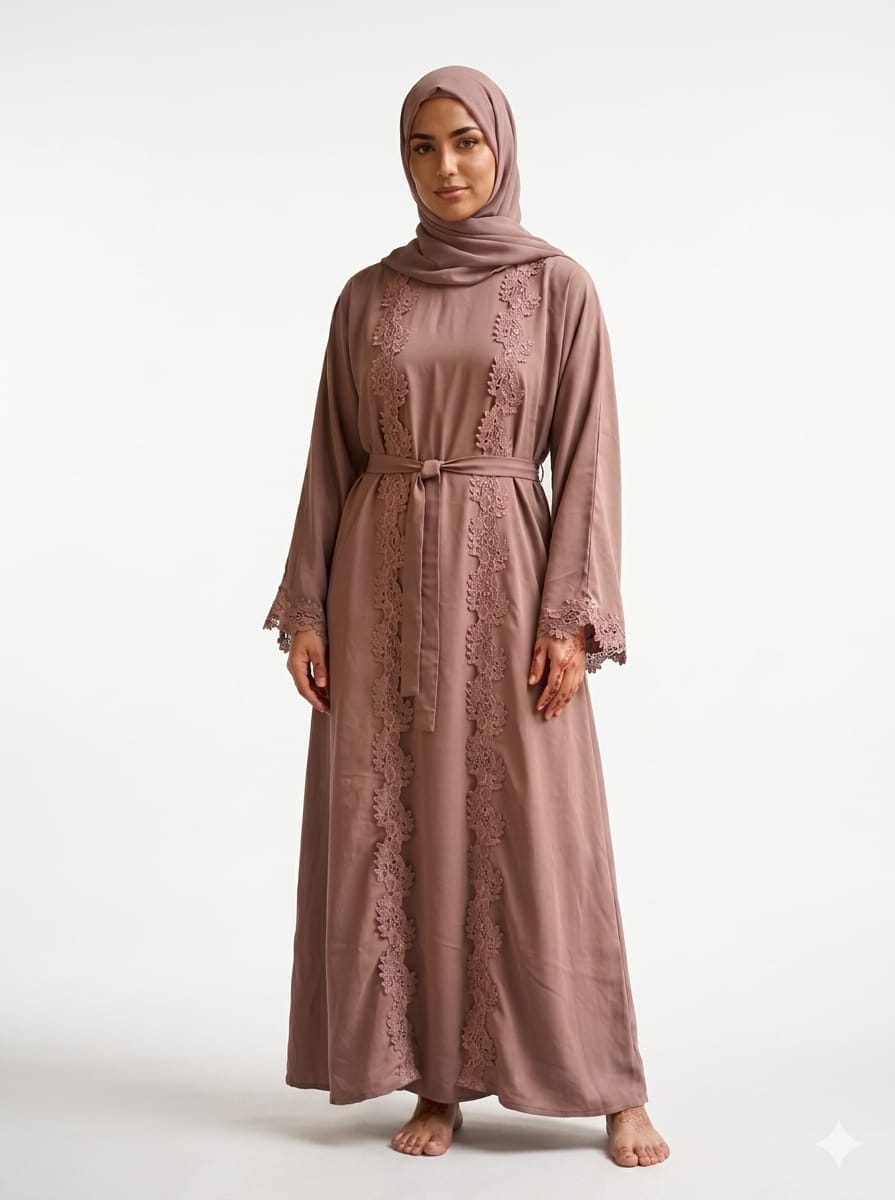 Jolie Nisa Open ABaya Open Abaya with Dantelle Lace Set | Dusty Rose | Jolie Nisa Dusty Rose Open Abaya Set with Lace | Jolie Nisa Montreal