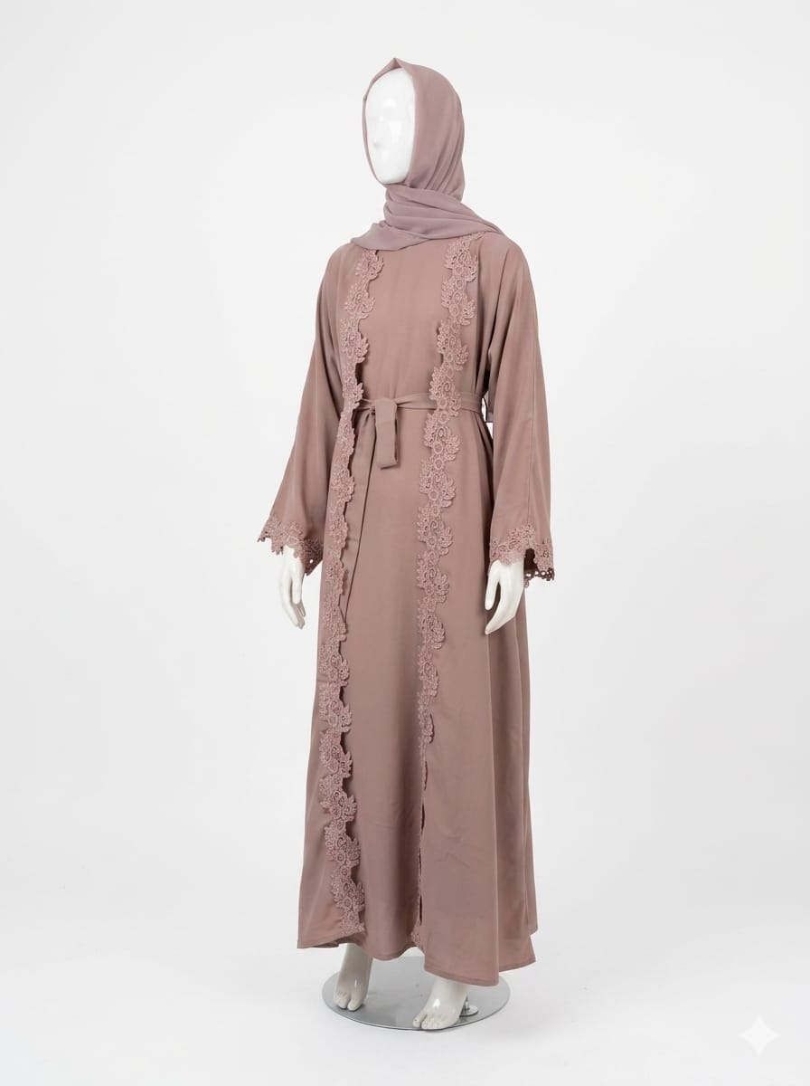Jolie Nisa Open ABaya Open Abaya with Dantelle Lace Set | Dusty Rose | Jolie Nisa Dusty Rose Open Abaya Set with Lace | Jolie Nisa Montreal