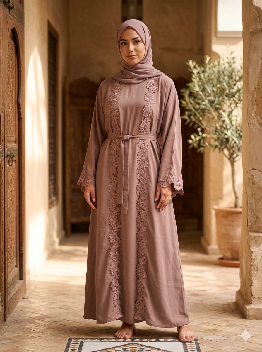 Jolie Nisa Open ABaya Open Abaya with Dantelle Lace Set | Dusty Rose | Jolie Nisa Dusty Rose Open Abaya Set with Lace | Jolie Nisa Montreal