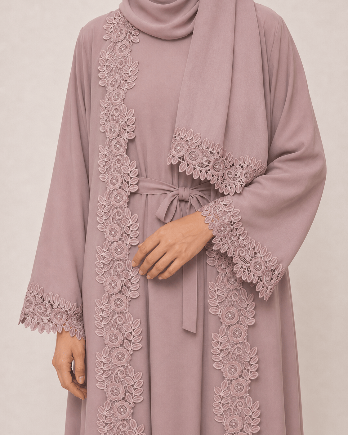 Jolie Nisa Open ABaya Open Abaya with Dantelle Lace Set | Dusty Rose | Jolie Nisa Dusty Rose Open Abaya Set with Lace | Jolie Nisa Montreal
