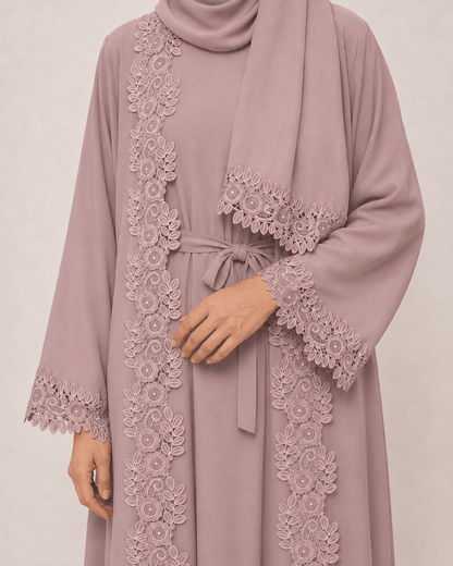 Jolie Nisa Open ABaya Open Abaya with Dantelle Lace Set | Dusty Rose | Jolie Nisa Dusty Rose Open Abaya Set with Lace | Jolie Nisa Montreal