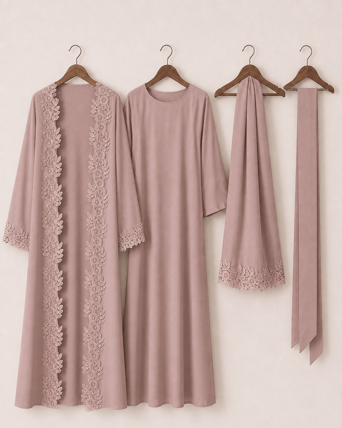 Jolie Nisa Open ABaya Open Abaya with Dantelle Lace Set | Dusty Rose | Jolie Nisa Dusty Rose Open Abaya Set with Lace | Jolie Nisa Montreal