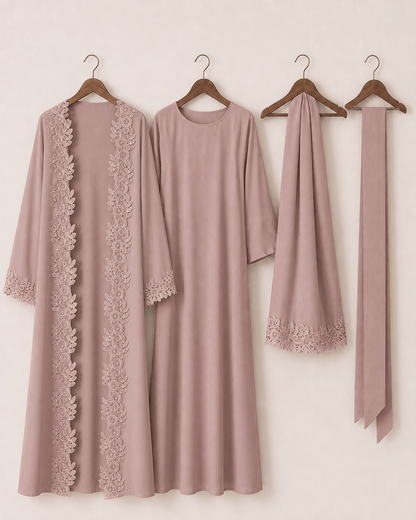 Jolie Nisa Open ABaya Open Abaya with Dantelle Lace Set | Dusty Rose | Jolie Nisa Dusty Rose Open Abaya Set with Lace | Jolie Nisa Montreal