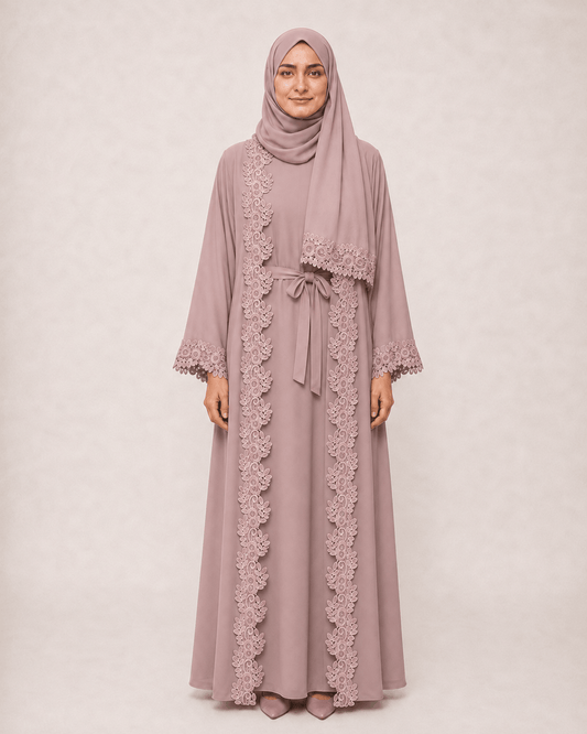 Jolie Nisa Open ABaya Open Abaya with Dantelle Lace Set | Dusty Rose | Jolie Nisa Dusty Rose Open Abaya Set with Lace | Jolie Nisa Montreal