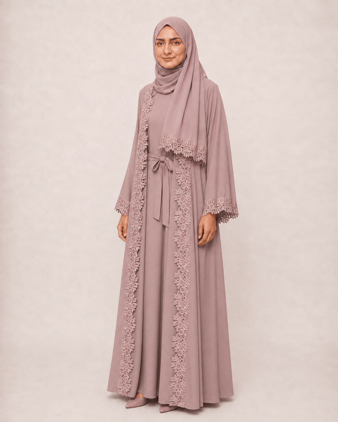 Jolie Nisa Open ABaya Open Abaya with Dantelle Lace Set | Dusty Rose | Jolie Nisa Dusty Rose Open Abaya Set with Lace | Jolie Nisa Montreal