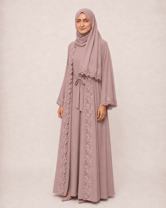 Jolie Nisa Open ABaya Open Abaya with Dantelle Lace Set | Dusty Rose | Jolie Nisa Dusty Rose Open Abaya Set with Lace | Jolie Nisa Montreal