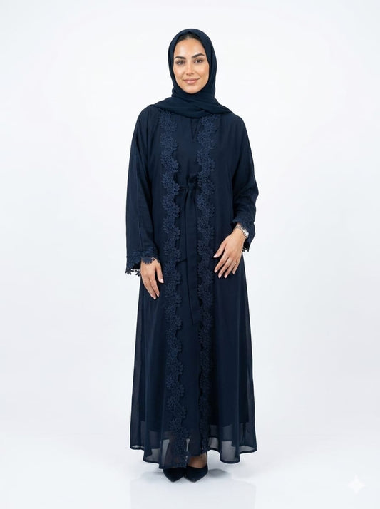 Jolie Nisa Open ABaya 52 Open Abaya with Dantelle Lace Set | Navy | Jolie Nisa Navy Blue Open Abaya with Dantelle Lace Set | Navy | Jolie Nisa 