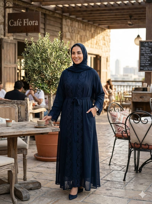 Jolie Nisa Open ABaya Open Abaya with Dantelle Lace Set | Navy | Jolie Nisa Navy Blue Open Abaya with Dantelle Lace Set | Navy | Jolie Nisa 