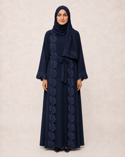 Jolie Nisa Open ABaya Open Abaya with Dantelle Lace Set | Navy | Jolie Nisa Navy Blue Open Abaya with Dantelle Lace Set | Navy | Jolie Nisa 