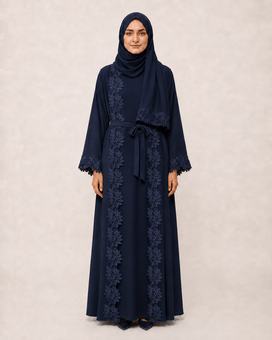 Jolie Nisa Open ABaya Open Abaya with Dantelle Lace Set | Navy | Jolie Nisa Navy Blue Open Abaya with Dantelle Lace Set | Navy | Jolie Nisa 