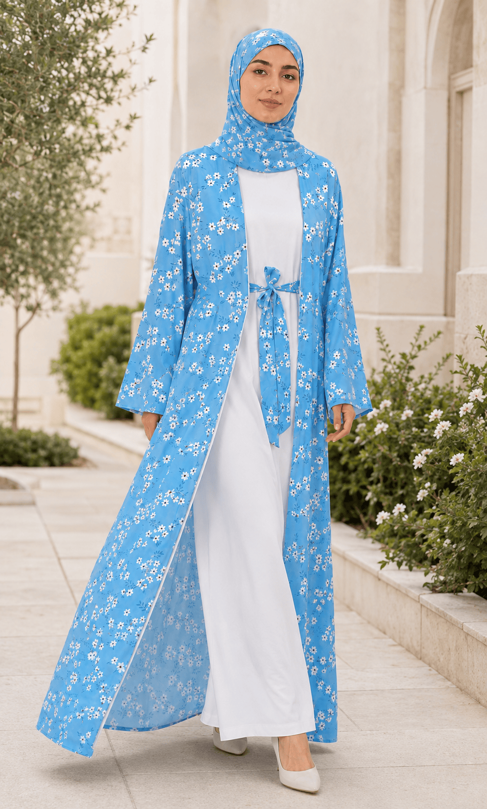 Jolie Nisa Open ABaya Sky Blue Floral Open Abaya Kimono Set (4-Piece) | Jolie Nisa Sky Blue Floral Open Kimono Abaya Set – 4 Piece