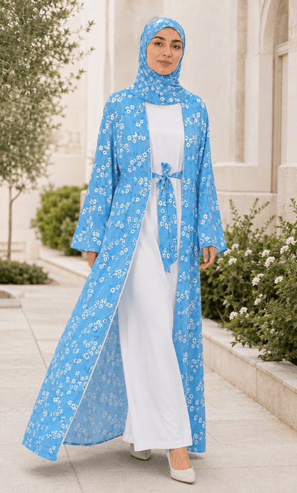 Jolie Nisa Open ABaya Sky Blue Floral Open Abaya Kimono Set (4-Piece) | Jolie Nisa Sky Blue Floral Open Kimono Abaya Set – 4 Piece
