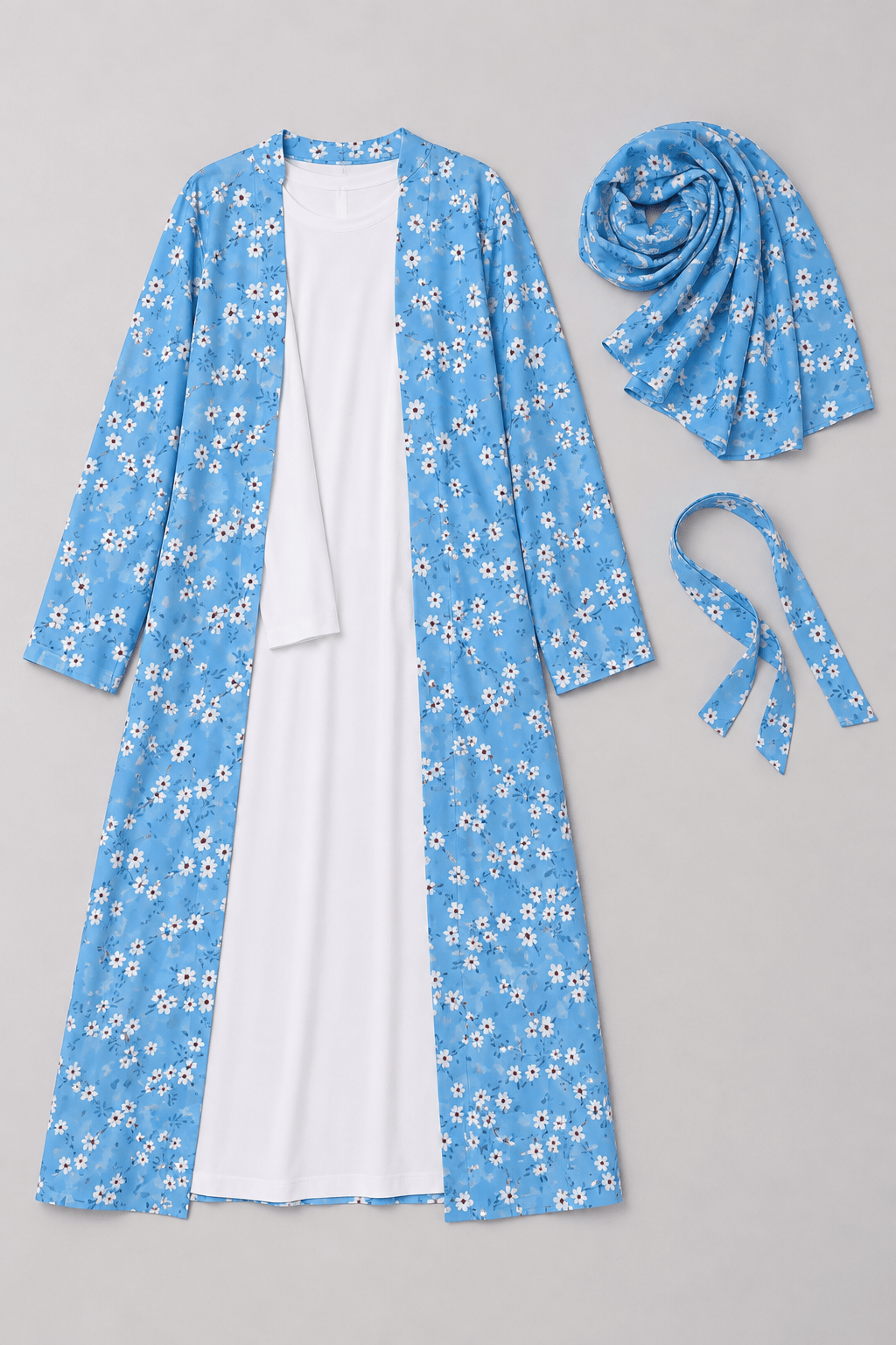 Jolie Nisa Open ABaya Sky Blue Floral Open Abaya Kimono Set (4-Piece) | Jolie Nisa Sky Blue Floral Open Kimono Abaya Set – 4 Piece