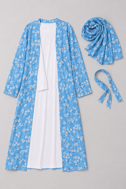 Jolie Nisa Open ABaya Sky Blue Floral Open Abaya Kimono Set (4-Piece) | Jolie Nisa Sky Blue Floral Open Kimono Abaya Set – 4 Piece