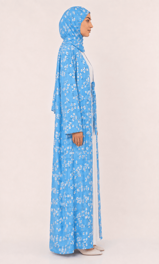 Jolie Nisa Open ABaya Sky Blue Floral Open Abaya Kimono Set (4-Piece) | Jolie Nisa Sky Blue Floral Open Kimono Abaya Set – 4 Piece