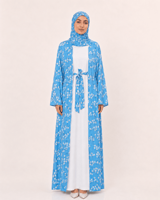 Jolie Nisa Open ABaya Sky Blue Floral Open Abaya Kimono Set (4-Piece) | Jolie Nisa Sky Blue Floral Open Kimono Abaya Set – 4 Piece