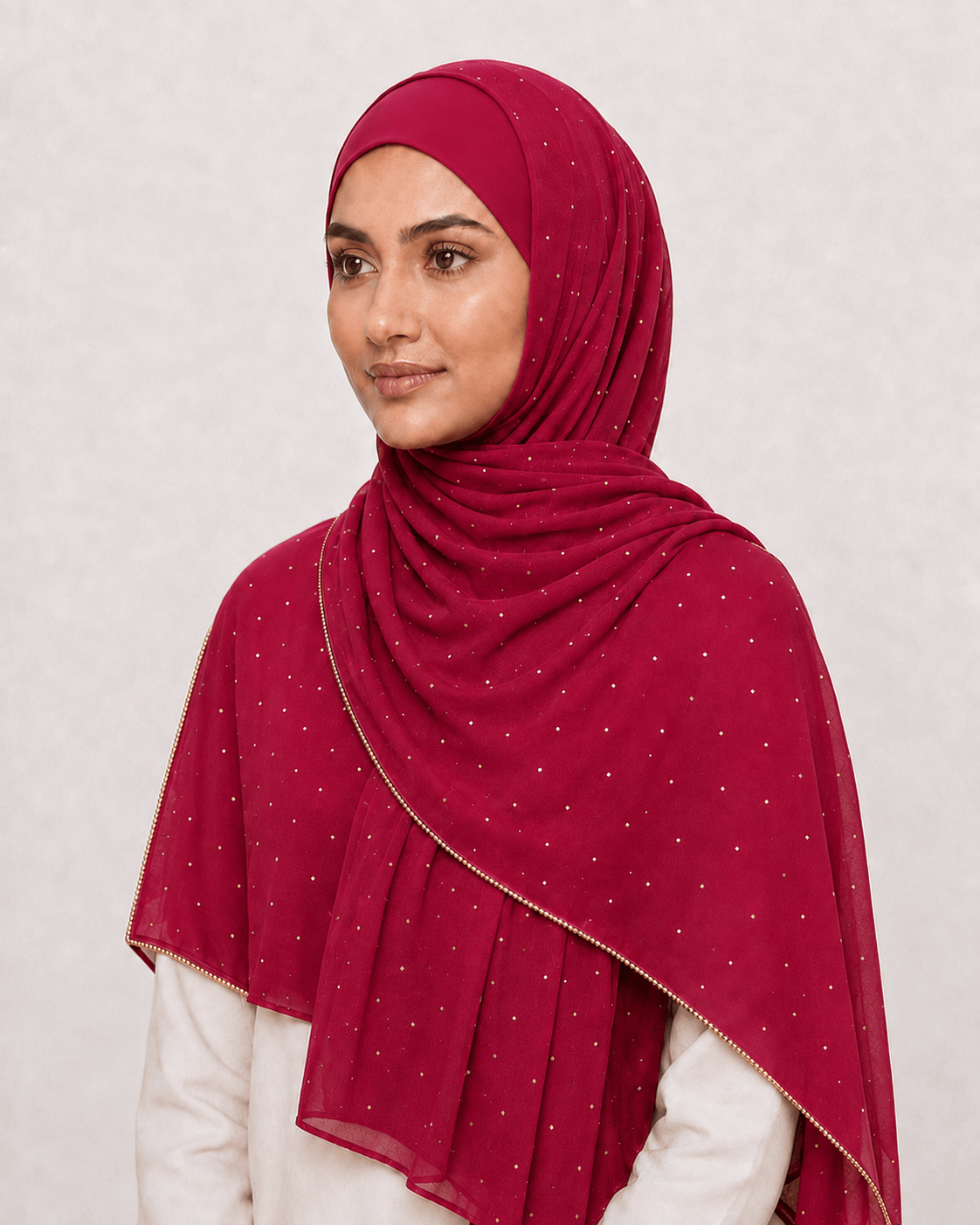 jolienisa Rhinestone Chiffon Hijab Dusty Burgundy Rhinestone Chiffon Hijab with Gold Border Burgundy Rhinestone Chiffon Hijab | Jolie Nisa