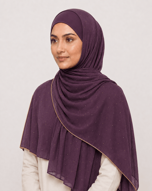 jolienisa Rhinestone Chiffon Hijab Purple Rhinestone Chiffon Hijab with Gold Border Purple Rhinestone Chiffon Hijab | Jolie Nisa