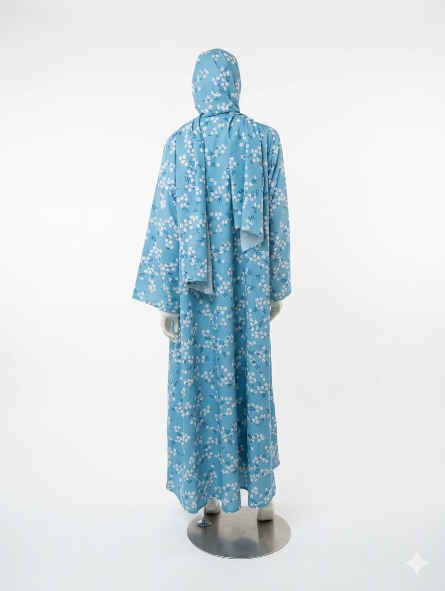 Sky Blue Floral Open Abaya Kimono Set (4-Piece) | Jolie Nisa