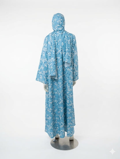 Sky Blue Floral Open Abaya Kimono Set (4-Piece) | Jolie Nisa