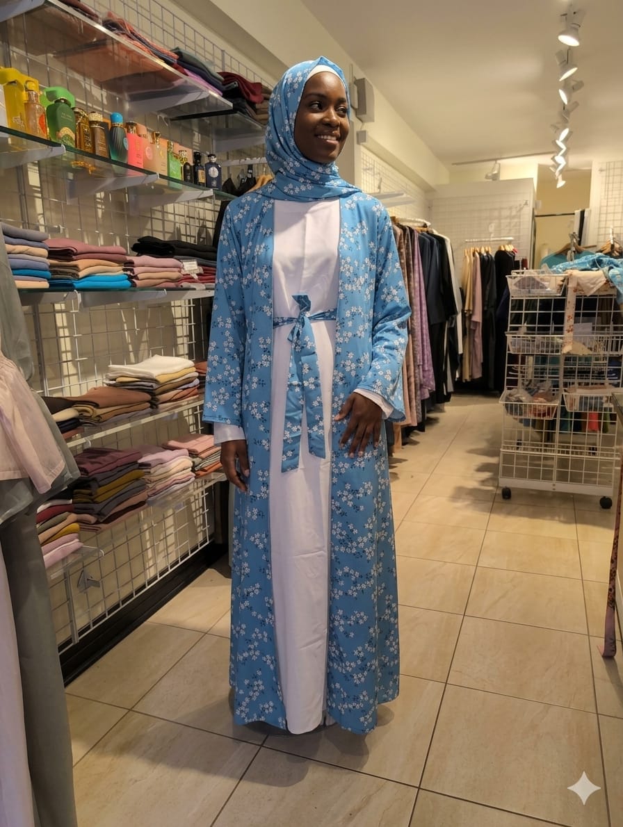 Sky Blue Floral Open Abaya Kimono Set (4-Piece) | Jolie Nisa