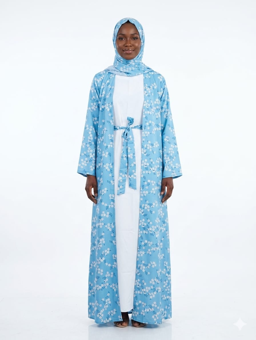Sky Blue Floral Open Abaya Kimono Set (4-Piece) | Jolie Nisa