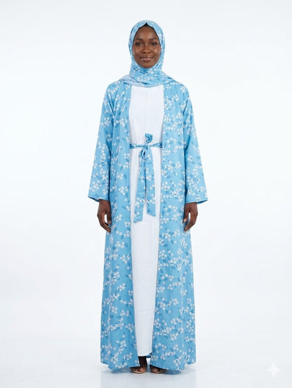 Sky Blue Floral Open Abaya Kimono Set (4-Piece) | Jolie Nisa
