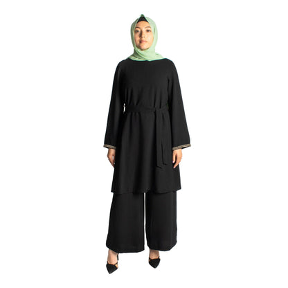 Black crepe polyester tunic and pants matching set from Jolie Nisa