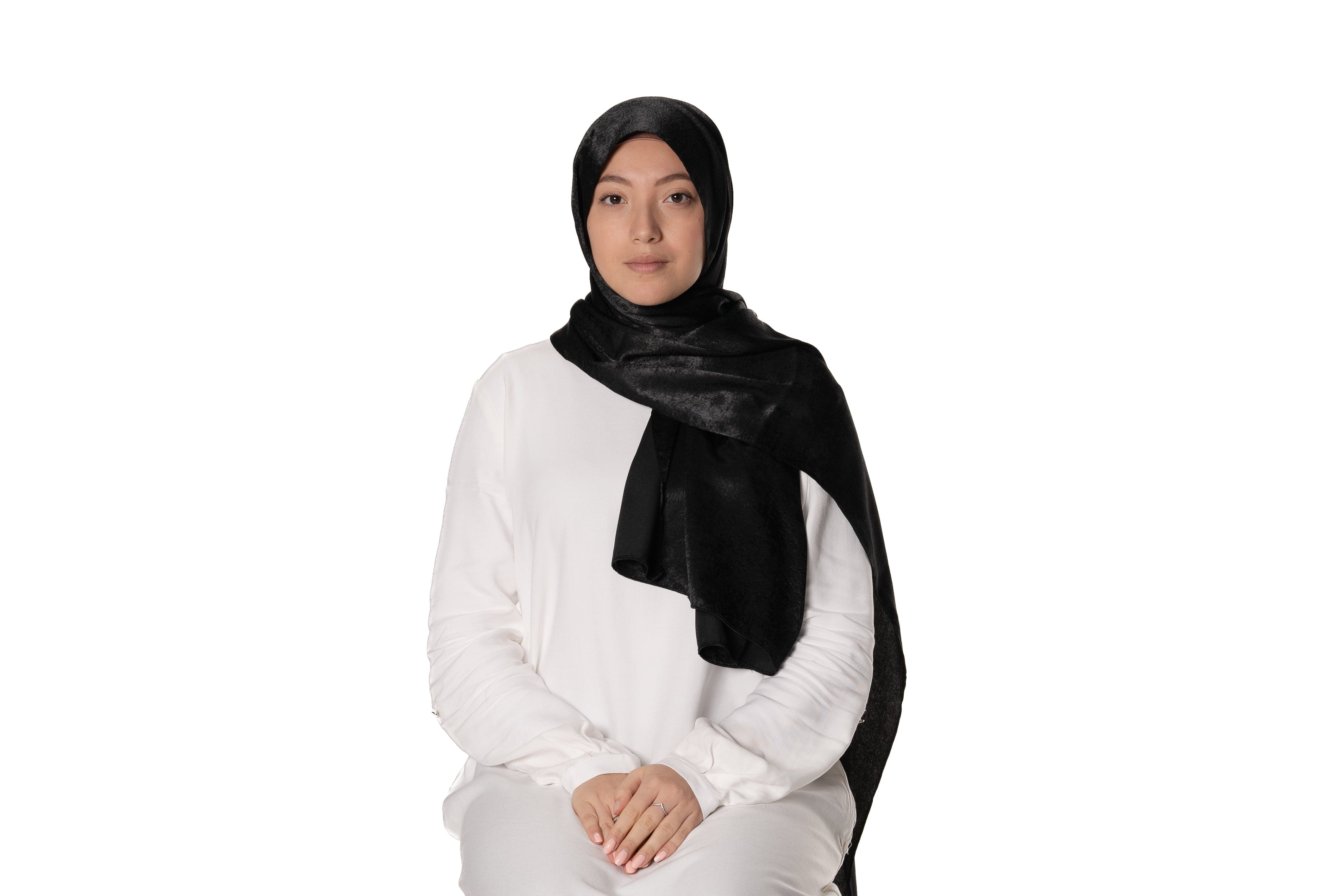 Jolie Nisa Hijab Black Feel Luxurious and Elegant with Jolie Nisa Velvet Crushed Silk Satin Hijab - Maxi Size, Mid-Weight, Ripple Grain Texture Shop Jolie Nisa Velvet Crushed Silk Satin Hijab - Luxuriously Soft & Chic