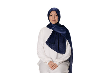 Jolie Nisa Hijab Navy Feel Luxurious and Elegant with Jolie Nisa Velvet Crushed Silk Satin Hijab - Maxi Size, Mid-Weight, Ripple Grain Texture Shop Jolie Nisa Velvet Crushed Silk Satin Hijab - Luxuriously Soft & Chic