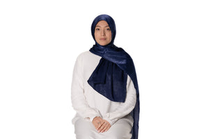 Jolie Nisa Hijab Navy Feel Luxurious and Elegant with Jolie Nisa Velvet Crushed Silk Satin Hijab - Maxi Size, Mid-Weight, Ripple Grain Texture Shop Jolie Nisa Velvet Crushed Silk Satin Hijab - Luxuriously Soft & Chic